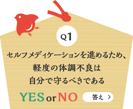 Q1 セルフメディケーションを進めるため、軽度の体調不良は自分で守るべきである YES or NO